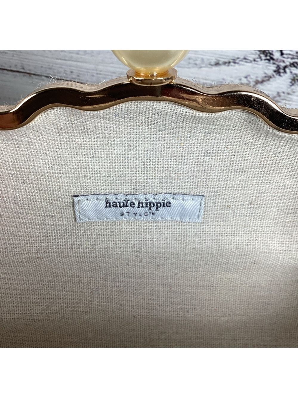 Haute Hippie Beach bag Tan Gold Floral Clutch Wristlet rhinestones embroidered - Picture 10 of 11